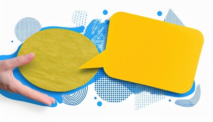 Creative Communication Concept Hand Grasping Yellow Speech Bubble in Collage Banner
