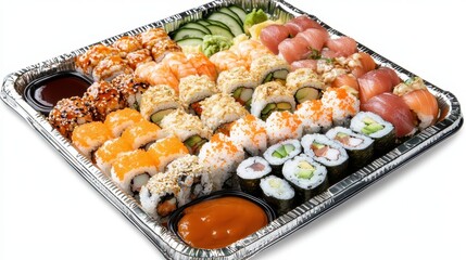 Colorful Sushi Platter with Various Types of Rolls and Dipping Sauces