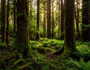 Obraz premium Lush forest floor bathed in sunlight