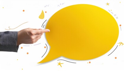 Creative Communication Concept Hand Grasping Yellow Speech Bubble in Collage Banner