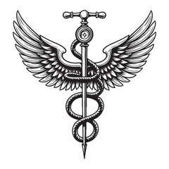 Fototapeta premium Caduceus medical symbol on black, a golden winged snake emblem for health, pharmacy, and hospital care