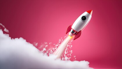 Rocket Launch Against Pink Background, Isolated Image for Business Start and Innovation