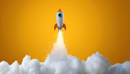 Rocket Launch Against Yellow Background, Isolated Image for Business Start and Bright Ideas
