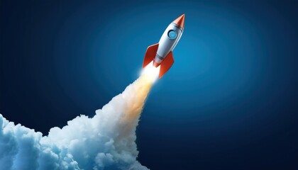 Rocket Launch on Dark Blue Background, Isolated Image for Startup and Space Themes