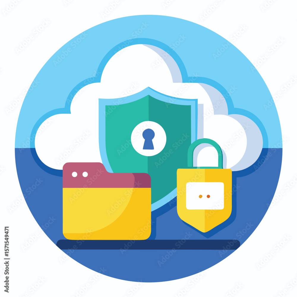 Poster secure cloud storage concept depicted with shield folder and lock icon