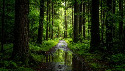 Fototapeta premium Lush forest path reflecting light