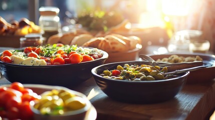 Fototapeta premium Fresh Gourmet Food Spread on a Wooden Table in Warm Lighting