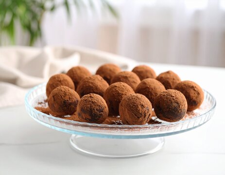 Trufas caseras de chocolate amargo cubiertas en polvo de cacao, dispuestas sobre una bandeja de cer&aacute;mica clara