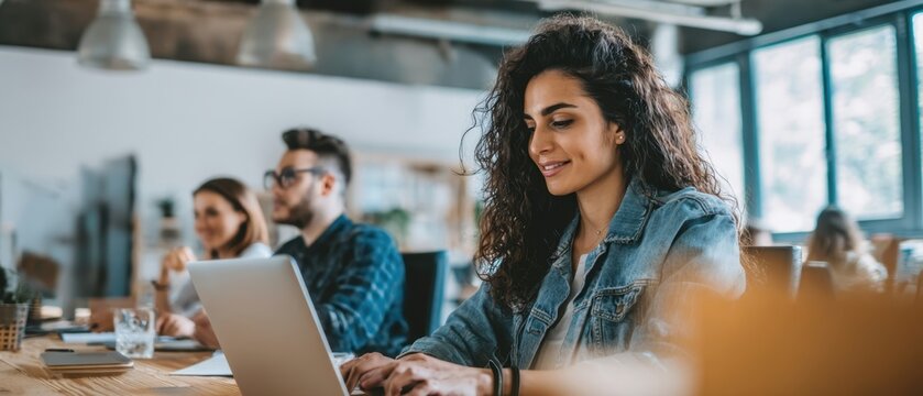 The young woman focused on her laptop in a collaborative workspace. - Powered by Adobe