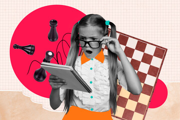 Composite 3d art pop image collage of shocked schoolgirl hold notepad chess board education math...
