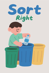 Sort Right Illustration of Boy Recycling Plastic Bottle into Blue Bin