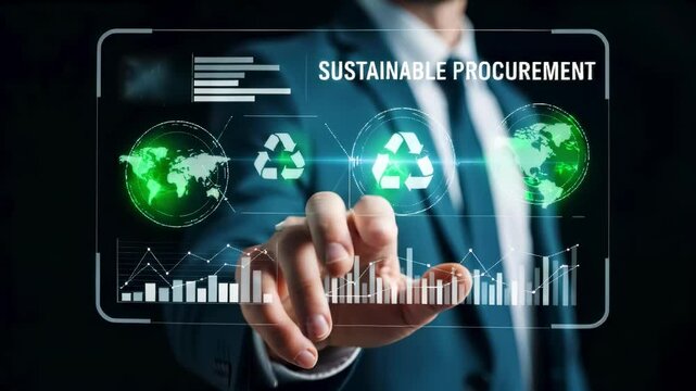 Businessman interacting with a holographic interface featuring charts, graphs, and a recycle icon, representing sustainable procurement, eco-friendly sourcing, and responsible supply chains.