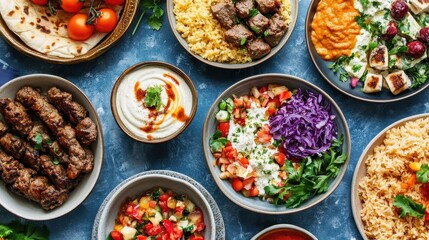 Colorful Variety of Delicious Dishes on a Blue Table Surface