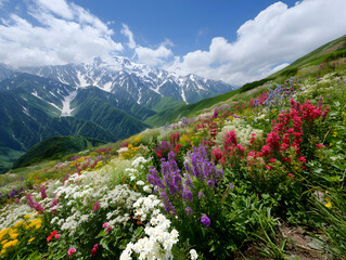雪山を背景に広がる色とりどりの高山植物と花畑の絶景