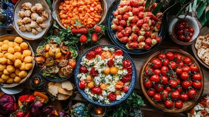 Colorful Arrangement of Fresh Fruits and Vegetables on Wooden Table