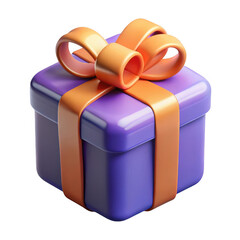 3d rendered purple gift box with orange ribbon isolated on transparent background