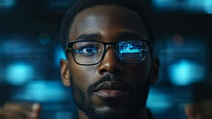 Man wearing glasses with data on lenses in futuristic and modern environment - Powered by Adobe