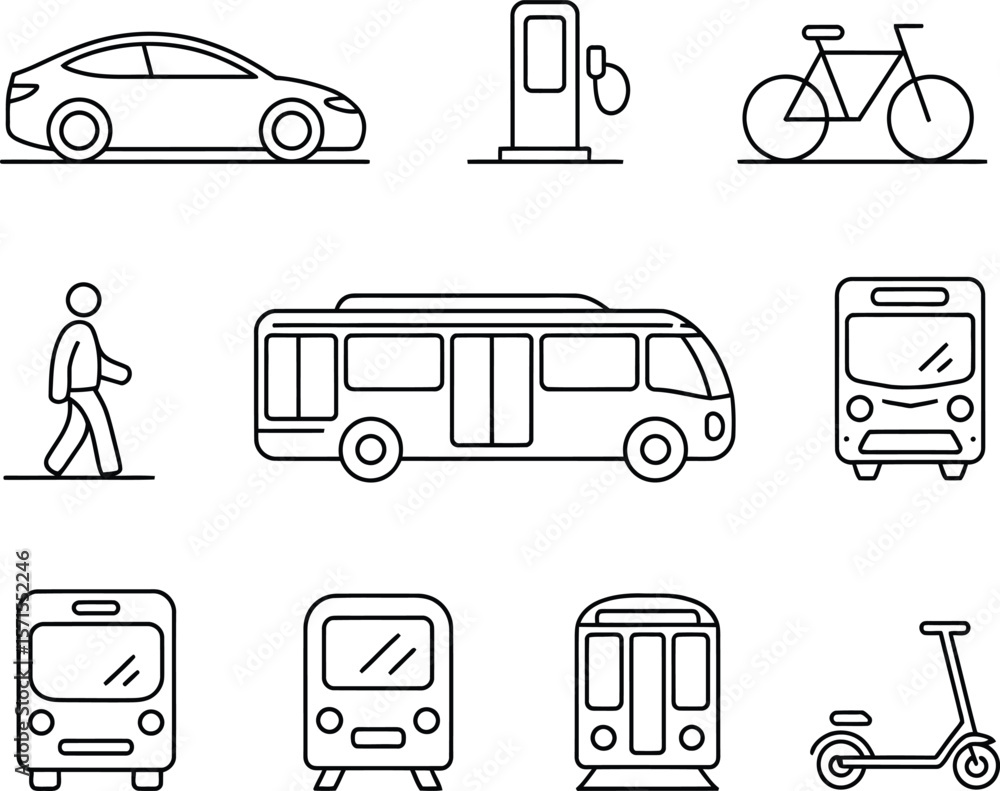 Aufkleber collection of simple line art icons representing various modes of transportation and mobility