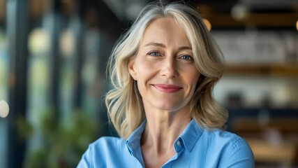 Happy mature woman smiling close up portrait. Beautiful middle aged blonde female businesswoman in office interior, video. - Powered by Adobe