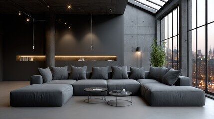 Fototapeta premium Spacious living room features modern design with marble walls, oversized sofa, and city lights shining through tall windows at night