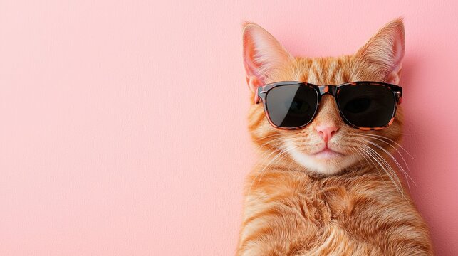 Cool ginger cat wearing stylish black sunglasses against a pink background, perfect for pet humor, greeting cards, trendy social posts, or quirky advertising themes