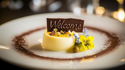 Dessert with chocolate script “Welcome”, passionfruit mousse and edible flowers. Perfect for hotel, catering, or event branding imagery