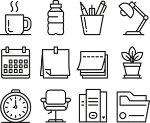 Simple Line Icons Representing Essential Office Supplies