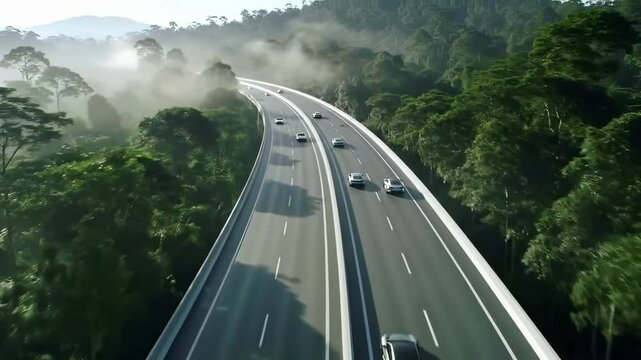 Aerial view of curved highway cutting through lush green forest landscape. Multiple vehicles travel along winding mountain road with misty tropical vegetation. Modern transportation infrastructure