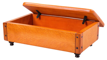 An elegant, open wooden chest, showcasing detailed craftsmanship and warm tones.