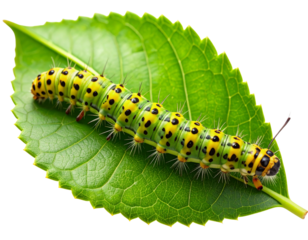 Minimalist Nature Study: Caterpillar on Leaf Mid-Crawl – Isolated PNG