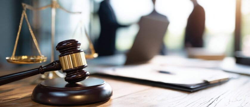 The gavel symbolizing justice and legal consultation in a modern office setting.