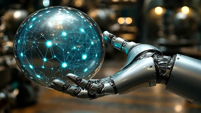 Futuristic Technology: Robot Hand Holding Glowing Orb of Network Connectivity in Steampunk Setting
