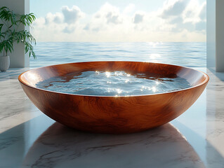 Wooden bowl with clear water placed by the sea with reflections and sky background