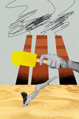 Trend artwork collage composite sketch of global warming hand hold ice cream young lady dive sand...