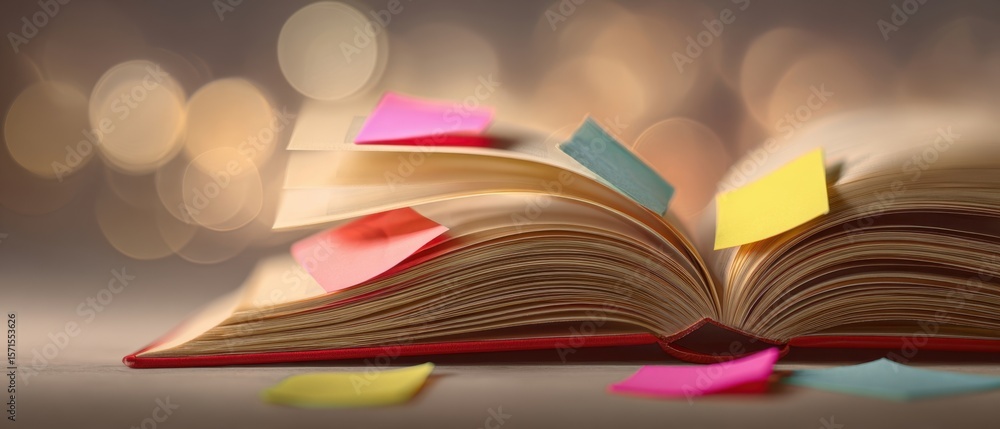 Poster the open book adorned with colorful sticky notes among warm bokeh background