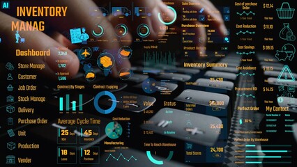 Inventory management dashboard showing supply chain performance, stock levels, order cycle times,...
