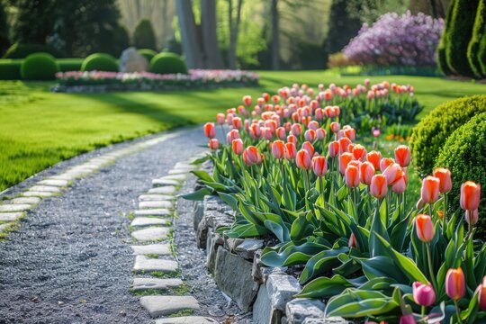 Beautiful garden path with tulips and greenery - Powered by Adobe