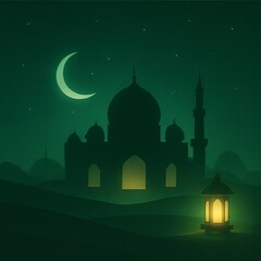 Islamic Mosque at Night with Crescent Moon and Lantern Light - Ramadan Background Illustration
