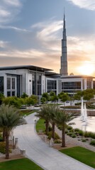 Towering glass structure beautifully contrasts with the pastel sky during golden hour, highlighting the modern skyline in the background