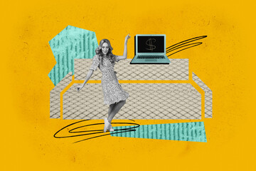 Creative full art collage of happy girl guy freelancer business worker stand sofa laptop dollar...