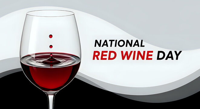 A close up of a glass of red wine with drops and national red wine day text on a gray background