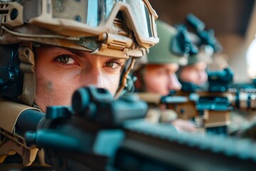 A focused soldier in tactical gear aiming a rifle, with comrades blurred behind, symbolizing vigilance, duty, and military operations in a potentially urban setting.