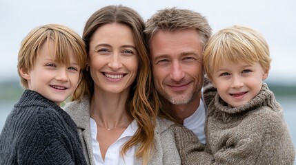 A cheerful family stands close together, smiling brightly against a vibrant blue sky, celebrating their love and togetherness outdoors
