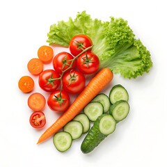 A vibrant assortment of fresh vegetables including tomatoes carrot lettuce and sliced cucumbers on white