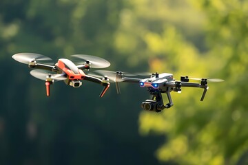 Two drones flying outdoors with green background