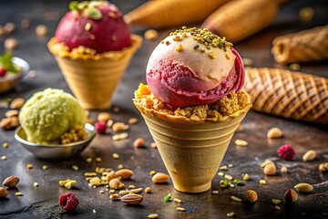 A vibrant display of artisanal ice cream cones, each a unique flavor explosion, adorned with nuts, raspberries, and pistachios, set against a dark, textured backdrop