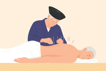 Traditional Acupuncture Treatment  A Vector Illustration of a Practitioner Performing Acupuncture