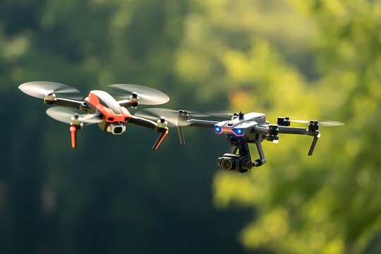 Two drones flying outdoors with green background