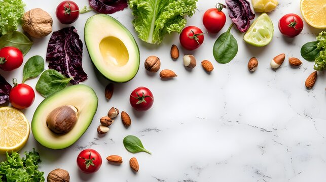 Top view of assorted fresh vegan ingredients including sliced avocado, cherry tomatoes, leafy greens, nuts, and citrus fruits arranged neatly on a white marble background with plenty of copy