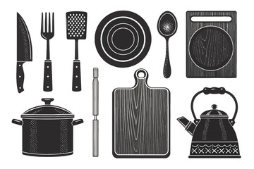 A collection of vintage kitchen utensils and cookware, including knives, forks, spoons, and a kettle, isolated on white background